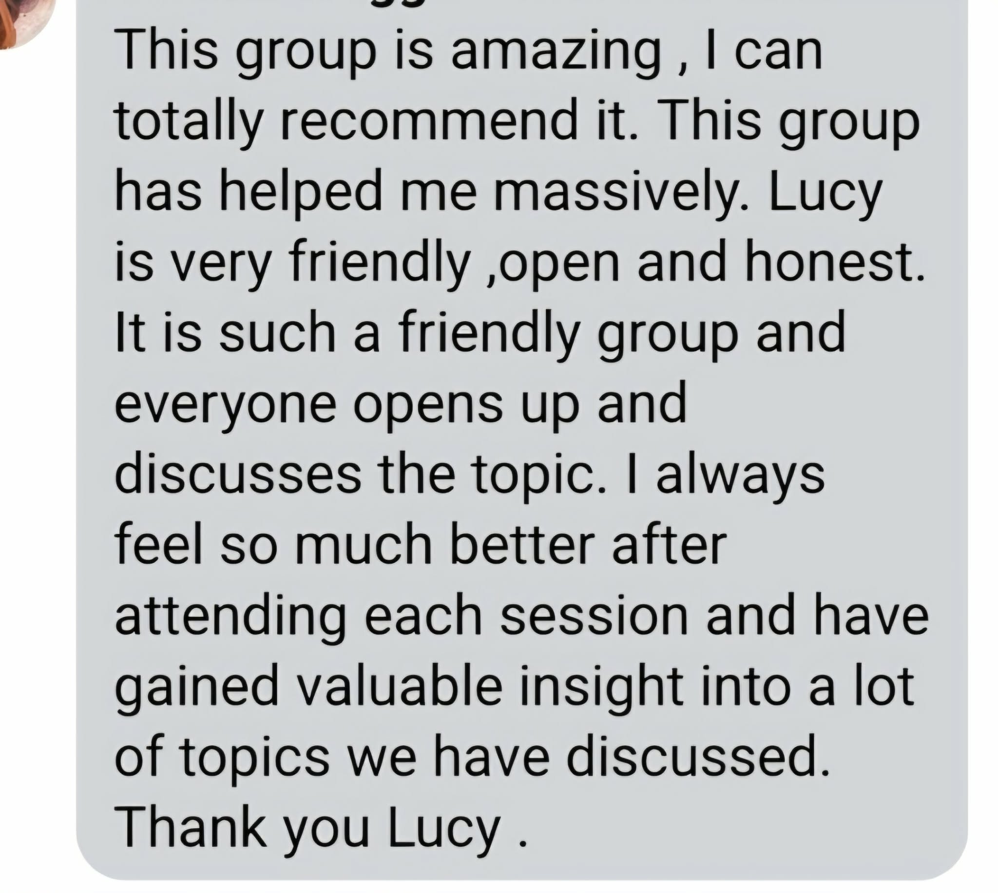 Client testimonial about Lucy's amazing group
