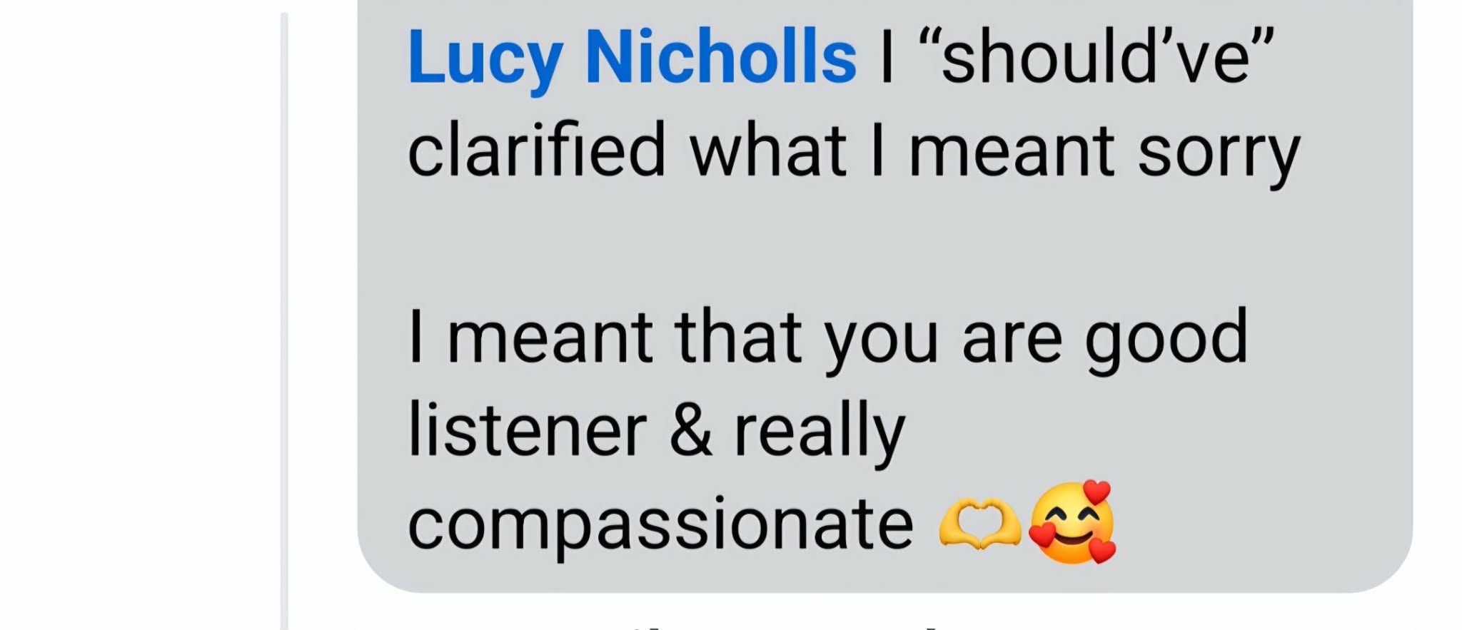 Client testimonial about Lucy being a good listener and compassionate